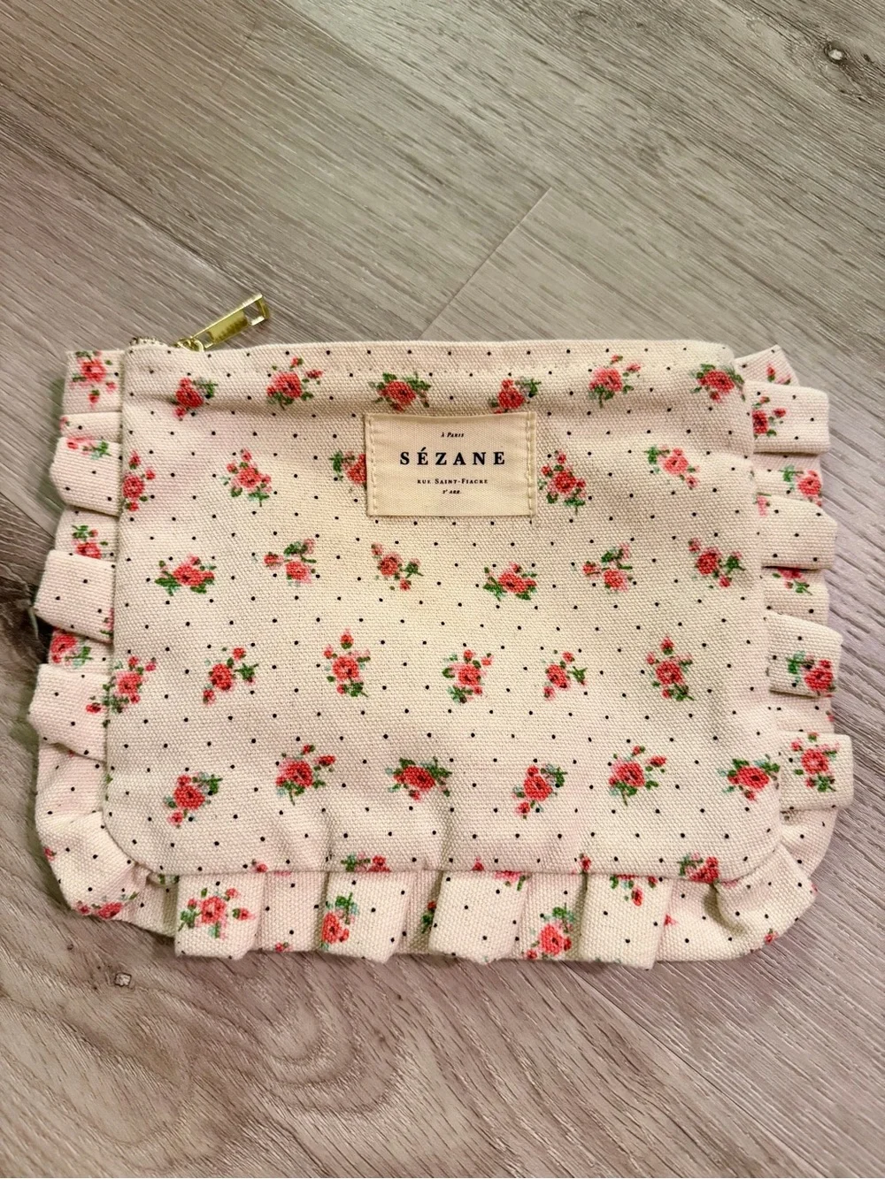 Sézane Cream Floral Ruffle Cosmetic Pouch